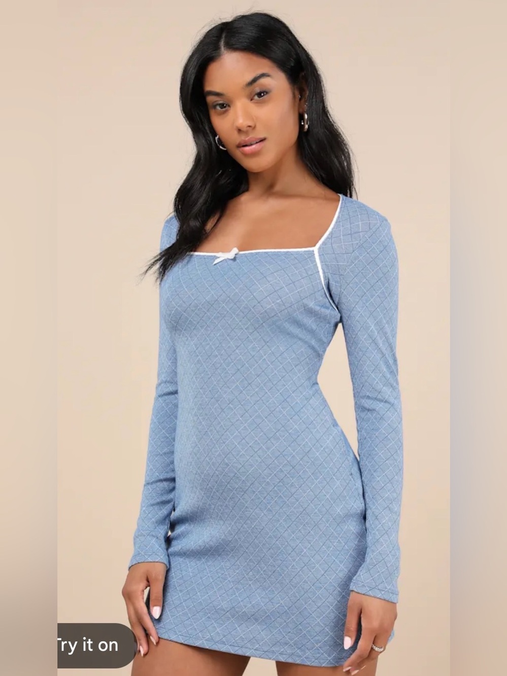 New Lulus Large Blue Long-Sleeve Square Neck Dress with Contrast Trim